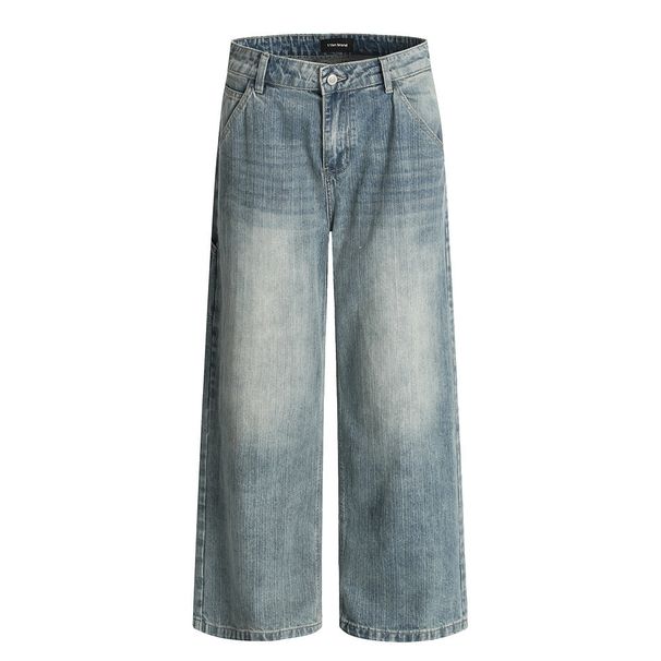 Distressed Washed Denim Loose Wide-Leg American Street Style Casual Men's Versatile Straight-Leg Dad Pants_mkmklike.com