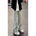 Blue Cleanfit Ink Splashing Jeans Men's American High Street Vibe Pants Straight High Waist Thin Pants_mkmklike.com