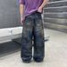 Men's Clothing Unisex Retro Style Faux Ripped Jeans Loose Fit Straight Leg Bronze Gray Washed Trendy Graffiti Design Casual Pants_mkmklike.com