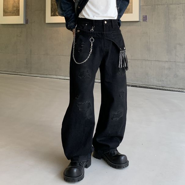 Men's Parisian Street Style Vintage Black Straight Leg Jeans With Chain Embellishment Loose Wide Leg Pants Trendy High Fashion_mkmklike.com