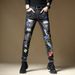 Spring Autumn New Korean Style Men's Slim Fit Straight Leg Jeans With Distressed Rips, Embroidered Patches, And Graffiti_mkmklike.com