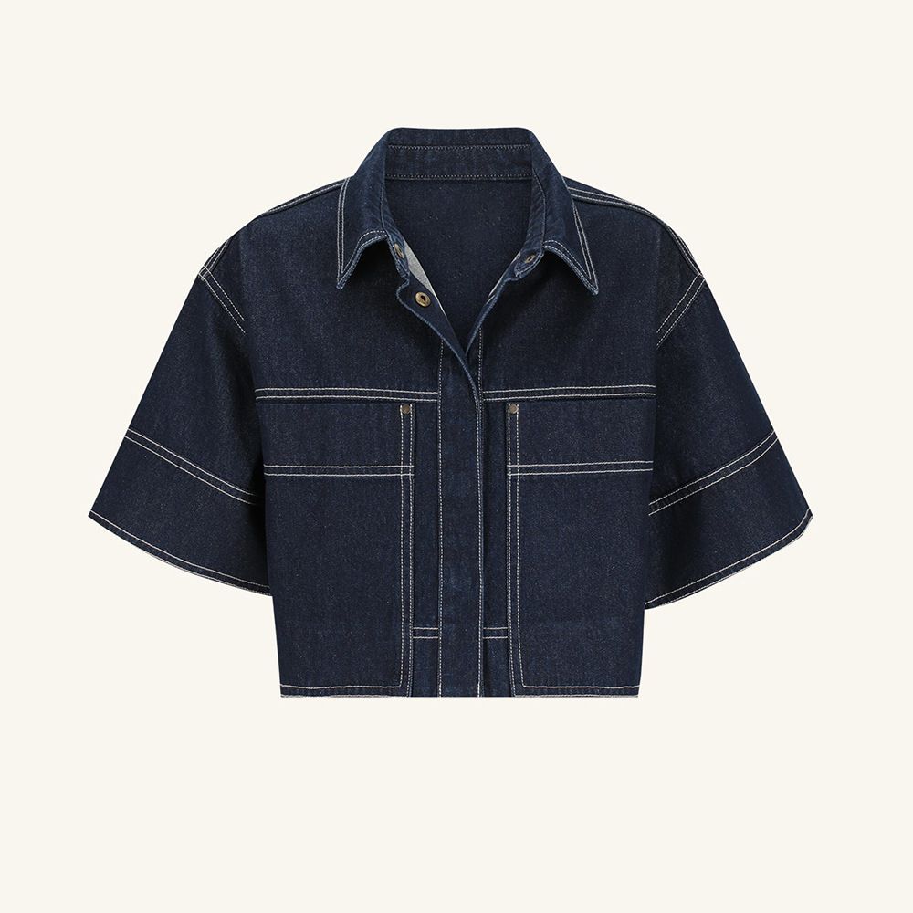 K Women's Casual Pocket Short Sleeved Shirt Split Skirt Denim Two-piece Set_mkmklike.com