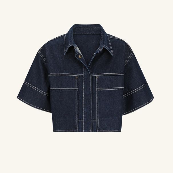 K Women's Casual Pocket Short Sleeved Shirt Split Skirt Denim Two-piece Set_mkmklike.com