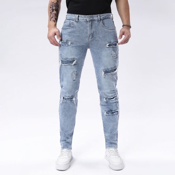 Men's Jeans Stretch Street Slim Fit Small Leg Pants Spring Summer Light Blue Worn Hole Men's Pants Trendy Outdoor Versatile Denim Pants_mkmklike.com
