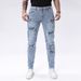 Men's Jeans Stretch Street Slim Fit Small Leg Pants Spring Summer Light Blue Worn Hole Men's Pants Trendy Outdoor Versatile Denim Pants_mkmklike.com