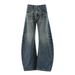 Unisex Vintage Blue Whiskered Scimitar Wide Leg Jeans Midweight Cotton Slightly Flared Loose Fitting Floor Length Sickle Shaped Straight Leg Denim_mkmklike.com
