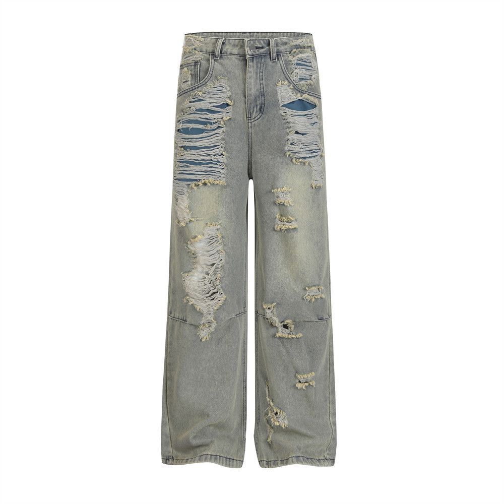 Punk Heavy-Duty Distressed Patched Vintage Jeans Men's Wasteland Beggar Style Ripped Washed Straight-Leg Pants_mkmklike.com
