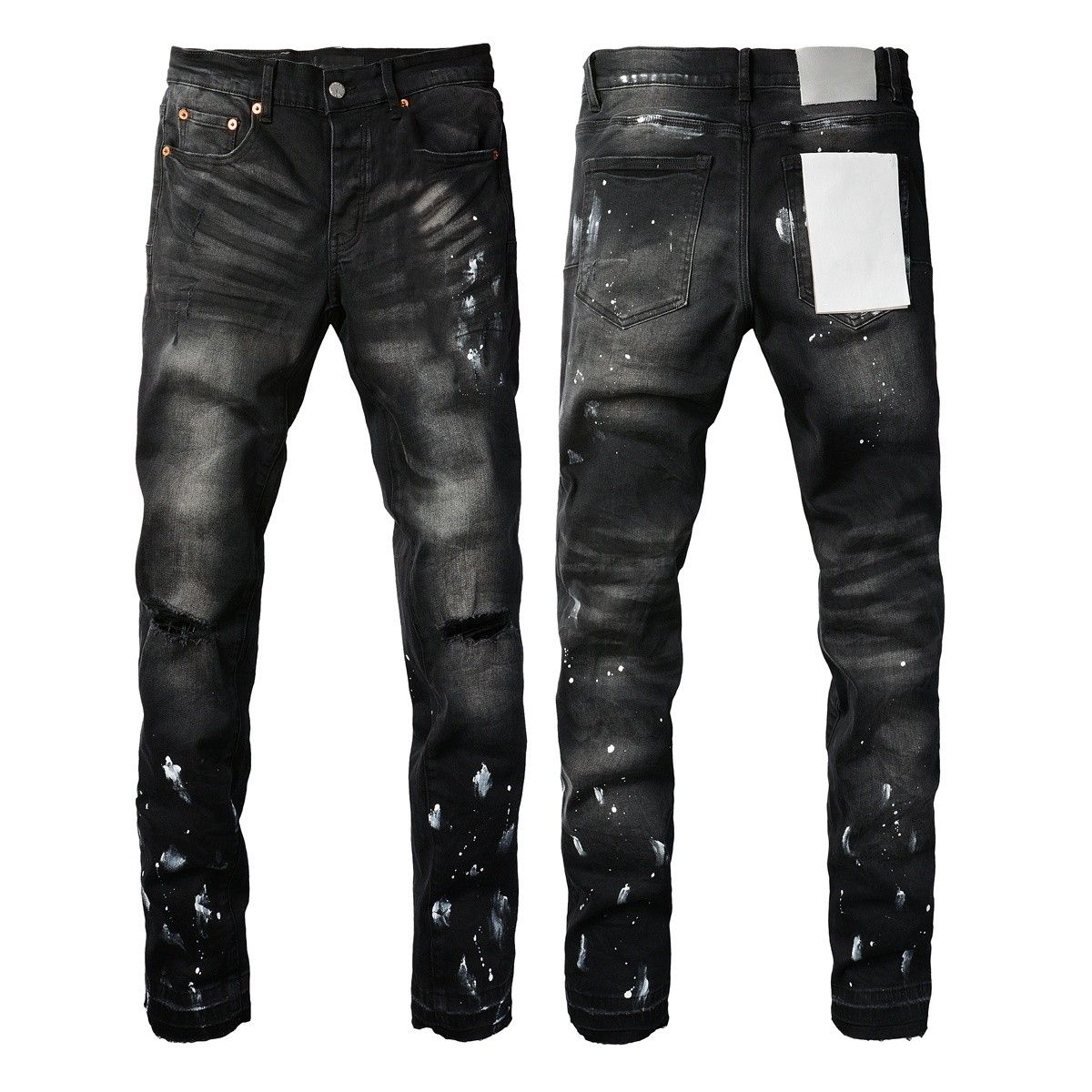New Jeans Men Fashion Trend Daily Casual Black Paint Hole Straight Leg P Hip Hop Elastic Skinny Ripped Jeans Brand_mkmklike.com