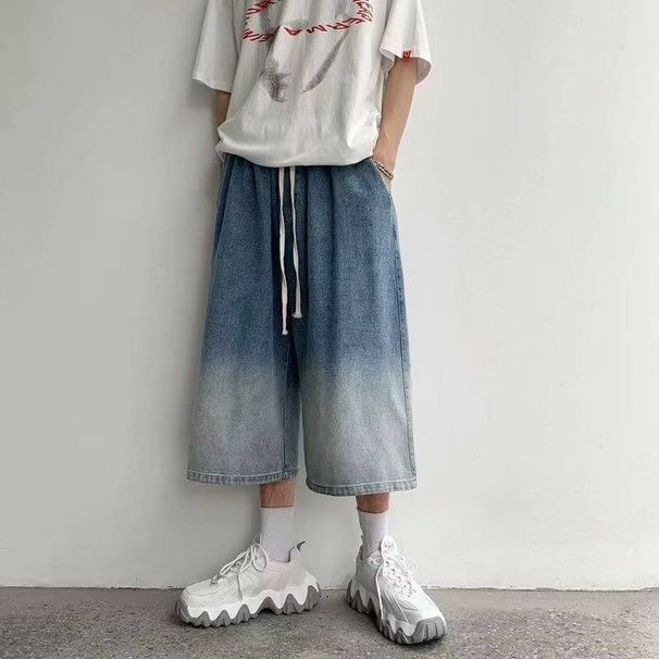 Men's Clothing Gradient Denim Cropped Trousers Men's Loose Ins Versatile High Street Couple Wide Leg Casual Shorts Summer Cropped Trousers_mkmklike.com