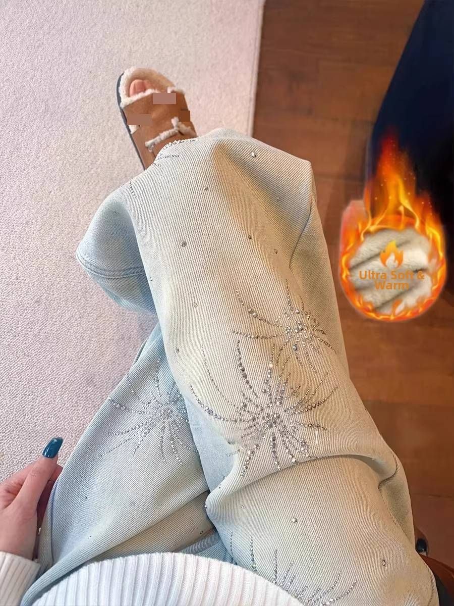 Women's Clothing Rhinestone Lined Fleece Lined Denim Jeans High Waisted Slim Fit Straight Leg Wide Leg Pants Winter Style Firework Rhinestones_mkmklike.com