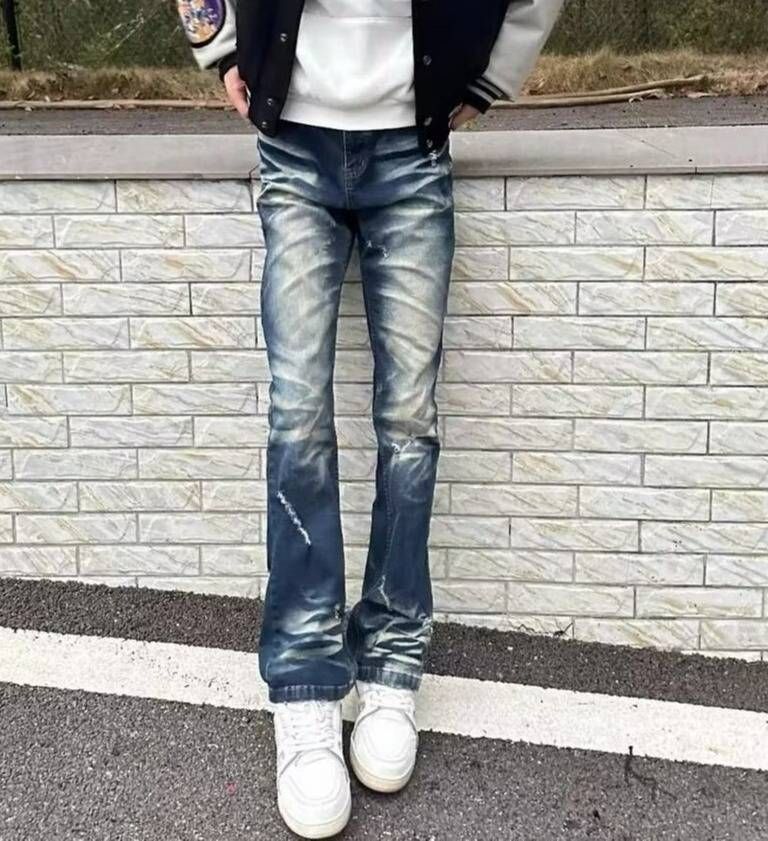 UrbanRebel Men's Slim Stretch Jeans Destroyed Paint & Embroidery Hipster Streetwear Denim Low Waist Pencil Pants Blue Zipper Fly_mkmklike.com