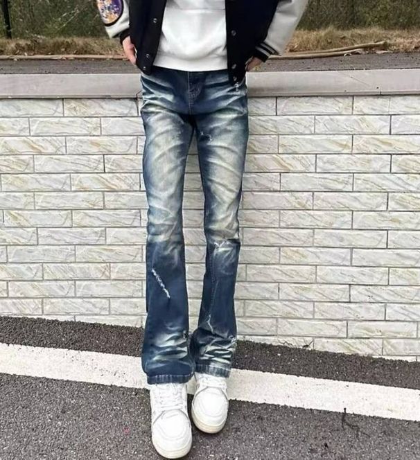UrbanRebel Men's Slim Stretch Jeans Destroyed Paint & Embroidery Hipster Streetwear Denim Low Waist Pencil Pants Blue Zipper Fly_mkmklike.com