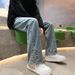 American Alphabet Embroidered Jeans Men's Spring And Summer High Street Trendy Brand Hip-hop Pants Korean Version Ruffian Handsome Wide-leg Trousers_mkmklike.com
