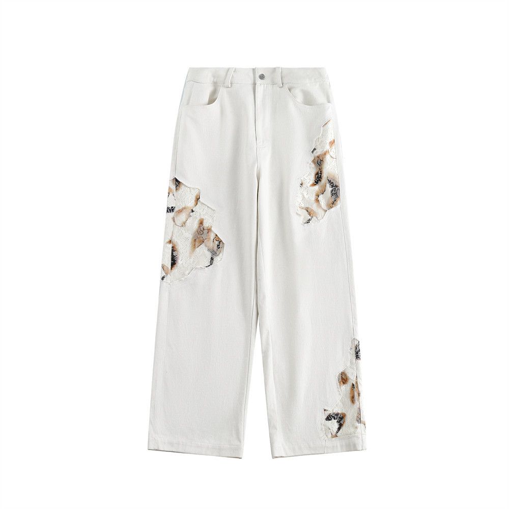 Flame Burnt Design Denim Straight Men's Trendy Lace Patchwork Niche Loose Casual Pants_mkmklike.com