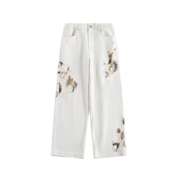 Flame Burnt Design Denim Straight Men's Trendy Lace Patchwork Niche Loose Casual Pants_mkmklike.com