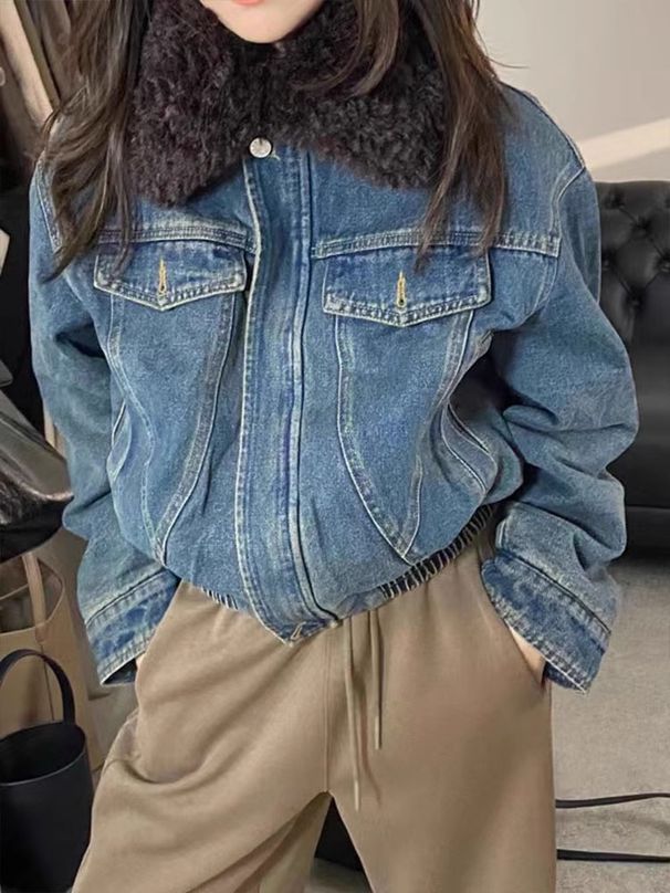 Retro Denim Jacket For Women - Cotton Lined, Warm & Versatile, Loose Fit, Casual Chic Denim Jacket_mkmklike.com
