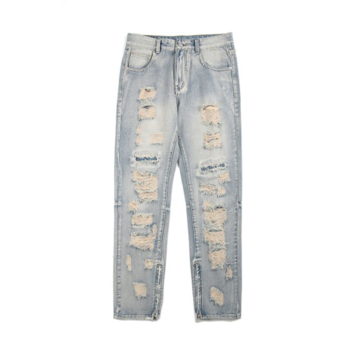 2025 Spring/Summer High Street Brand Personalized Perforated Jeans For Men's Trendy Straight Fit With Zipper Split Long_mkmklike.com