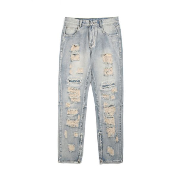 2025 Spring/Summer High Street Brand Personalized Perforated Jeans For Men's Trendy Straight Fit With Zipper Split Long_mkmklike.com