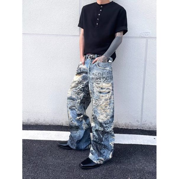 American High Street Men's 3D Digitally Printed Lettering And Floral Patterned Jeans Trendy Distressed Design Loose Wide Leg Trousers_mkmklike.com