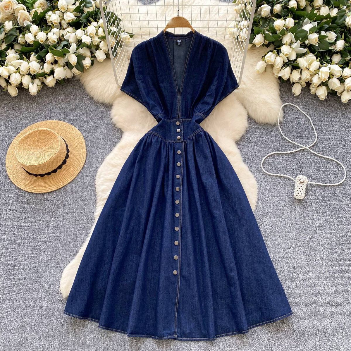 Women's Clothing High End Dress Summer High End Deep V Neck Waist Button Down Slim Fit Pleated Casual Denim Skirt_mkmklike.com
