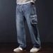 Men's Hip Hop Baggy Jeans Overalls - Washed Blue Denim Wide Leg Loose Fit Pants With Multi-Pockets | Streetwear Fashion_mkmklike.com