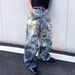 Men's Clothing Distressed Hand Painted Graffiti 3D Print Loose Straight Leg Jeans Unisex Baby Denim King American Style_mkmklike.com