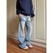 Small Niche Crack Design Washed Light Blue Jeans For Men, American Trend Casual Versatile Loose Straight Leg Pants_mkmklike.com