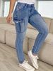 K Women's Fashionable Low-Waist High-Elastic Denim Jeans With Side Pockets And Gathered Details For A Slimming And Trendy Office Look_mkmklike.com