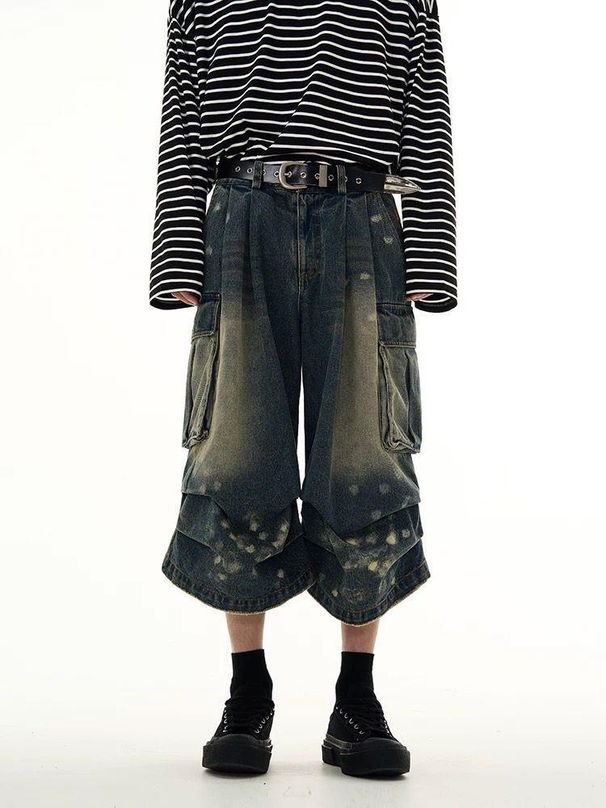 Men's Utility Cargo Denim Shorts Relaxed Fit Multi-Pockets Distressed Wash Mid-Rise Polyester Blend Sizes M-3XL_mkmklike.com