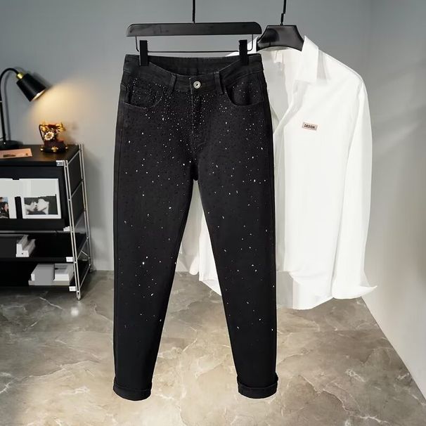 Men's Clothing high street slim jeans Internet celebrity starry sky hot diamond black versatile small feet men's brand starry sky pants_mkmklike.com