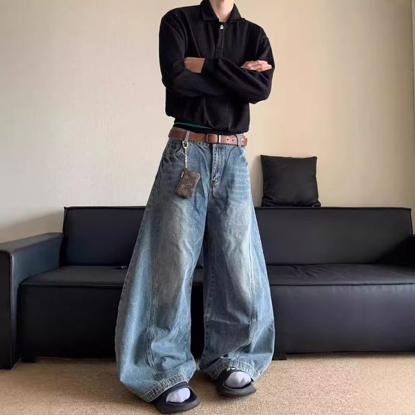 Men's Clothing Men's American Retro Washed Loose Straight Leg Jeans Trendy Wide Leg Floor Length Trousers Style For Formal & Casual_mkmklike.com