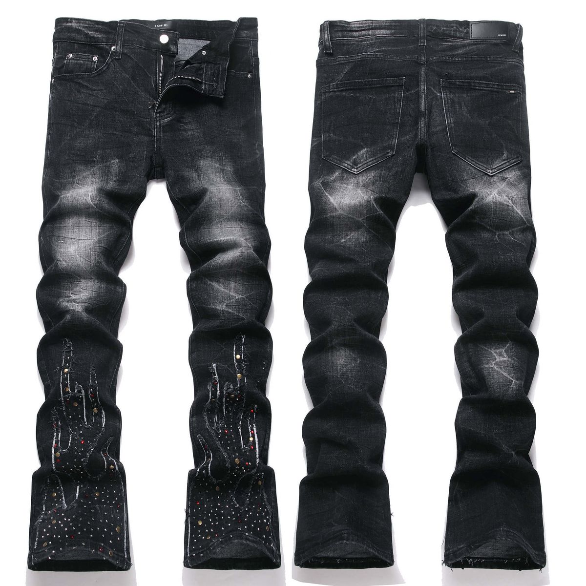 Men's Clothing Men's Slim Fit Stretch Denim Jeans High Street Black Nightclub Patchwork Hot Foil Rhinestone Flare Youth_mkmklike.com