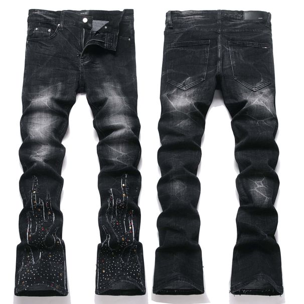 Men's Clothing Men's Slim Fit Stretch Denim Jeans High Street Black Nightclub Patchwork Hot Foil Rhinestone Flare Youth_mkmklike.com