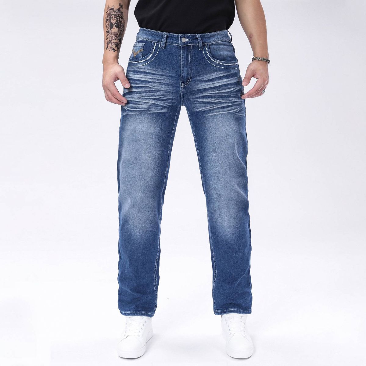 Men's Stretch Skinny Jeans Slim Fit Blue Trousers With Multiple Embroidered Back Pockets_mkmklike.com