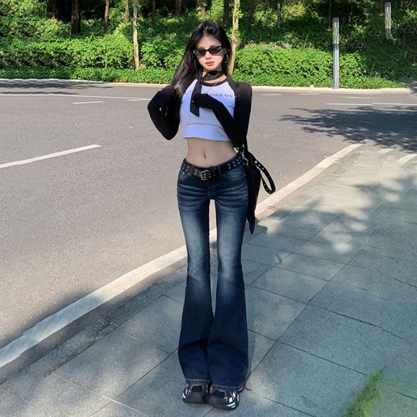 Women's Low-Rise Flared Jeans - Stretchy Bootcut Denim Pants, Slimming Retro Blue-Gray Wash, Y2K-Inspired Casual & Sexy Style (S-4XL)_mkmklike.com