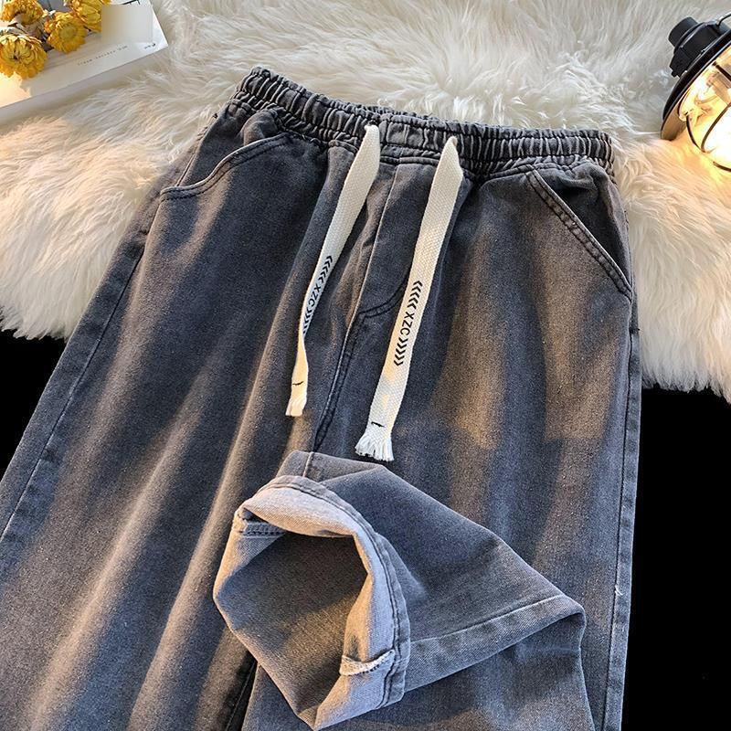 Men's Straight Leg Jeans - Vintage Loose Fit Casual Light Wash Stretch Elastic Waist Cropped Pants_mkmklike.com