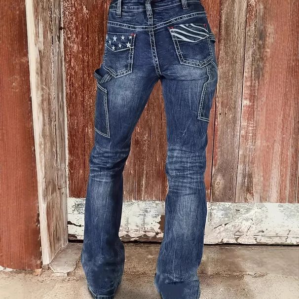 Stretch Embroidered Flared Jeans Mid Rise Denim Trousers With PocketsVCasual Cotton Jeans For Women_mkmklike.com