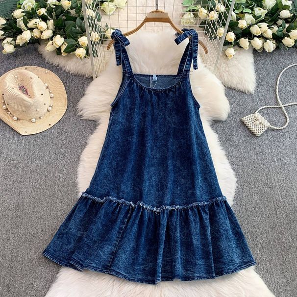Women's Vintage Denim Lace-Up Camisole Dress Loose Slimming Ruffled Edge Midi Skirt Sweet Versatile Autumn Outfit_mkmklike.com