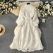 Women's Clothing heavy embroidery hollow flower buttoned slim fit mid length puff sleeve dress_mkmklike.com
