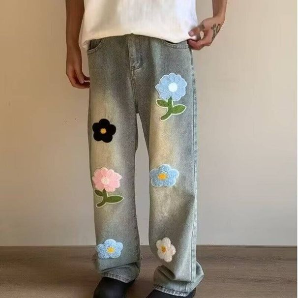 Men's Clothing Retro Tie Dye Towel Embroidery Flared Jeans Niche Design Loose Straight Vibe Trousers_mkmklike.com