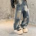 Unisex Vintage Dirty Wash Jeans – Distressed Straight-Leg Wide Pants With Raw Hem & Relaxed Fit_mkmklike.com