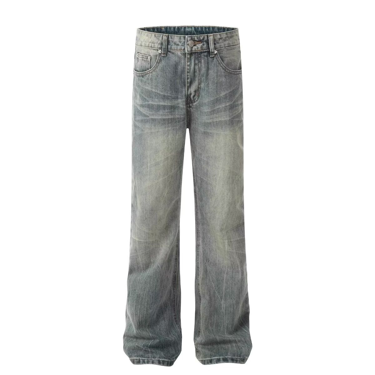 Vintage Washed High-Waisted Flared Jeans For Men & Women - Stretch Denim With Button Fly, Straight Leg Comfort Fit, Unisex Retro Style_mkmklike.com