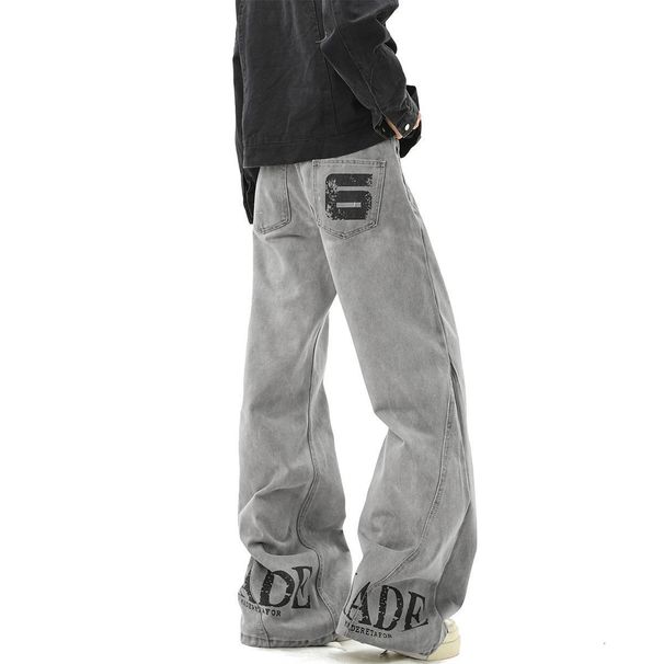 Men's Trendy Edgy Distressed Letter Print Jeans High Street Style Loose Fit Straight Leg Slightly Flared Winter Denim_mkmklike.com