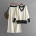 Women's Clothing autumn and winter new V neck contrast color knit sweater loose wide leg pants two piece suit_mkmklike.com