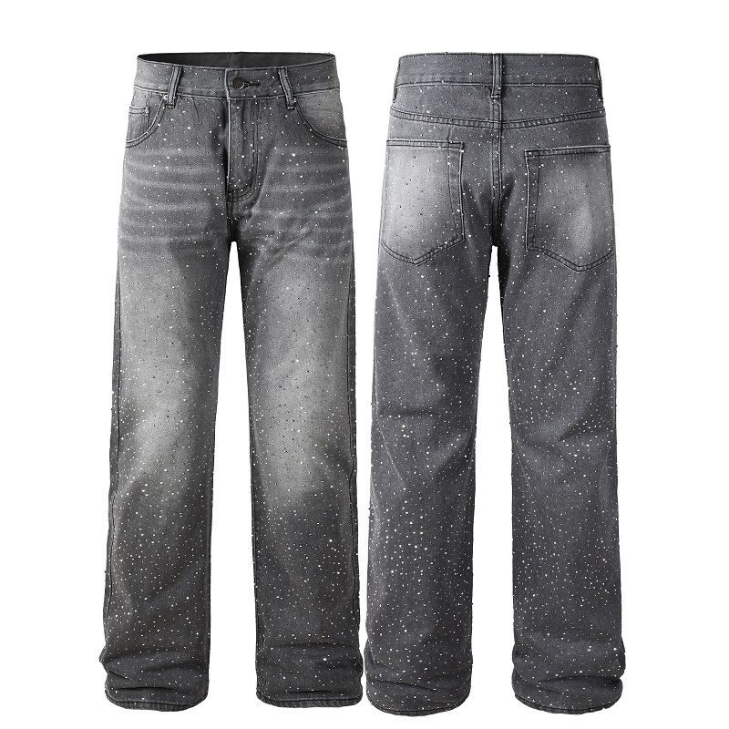 Unisex Plus Sizes Vintage Gray Hip-Hop PrintedRhinestone Smart CasualStraight Jeans_mkmklike.com