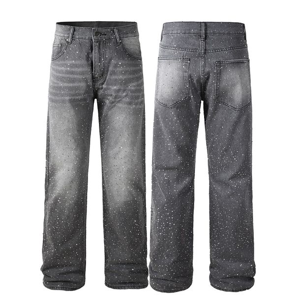 Unisex Plus Sizes Vintage Gray Hip-Hop PrintedRhinestone Smart CasualStraight Jeans_mkmklike.com