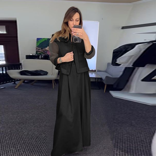 Women's Clothing solid color mesh splicing jacket casual wide leg trousers suit for women_mkmklike.com