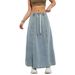 High Waist Drawstring Elastic Waist Denim Skirt Women's A- Line Cotton Denim Skirt Vintage Style Slimming Loose Fit Skirt_mkmklike.com