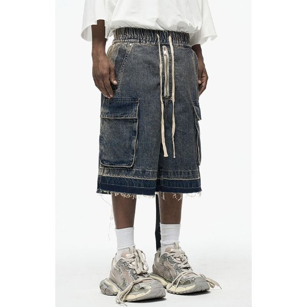 Men's Clothing High Street Zipper Raw Edge Side Pocket Work Shorts Washed Distressed Ribbon Loose Denim Shorts Men_mkmklike.com