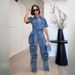 Women's Clothing Washed Overalls Multi Pocket Button Denim Jumpsuit Short Sleeved Trousers_mkmklike.com